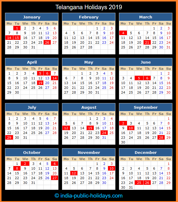 Telangana Holiday Calendar 2019
